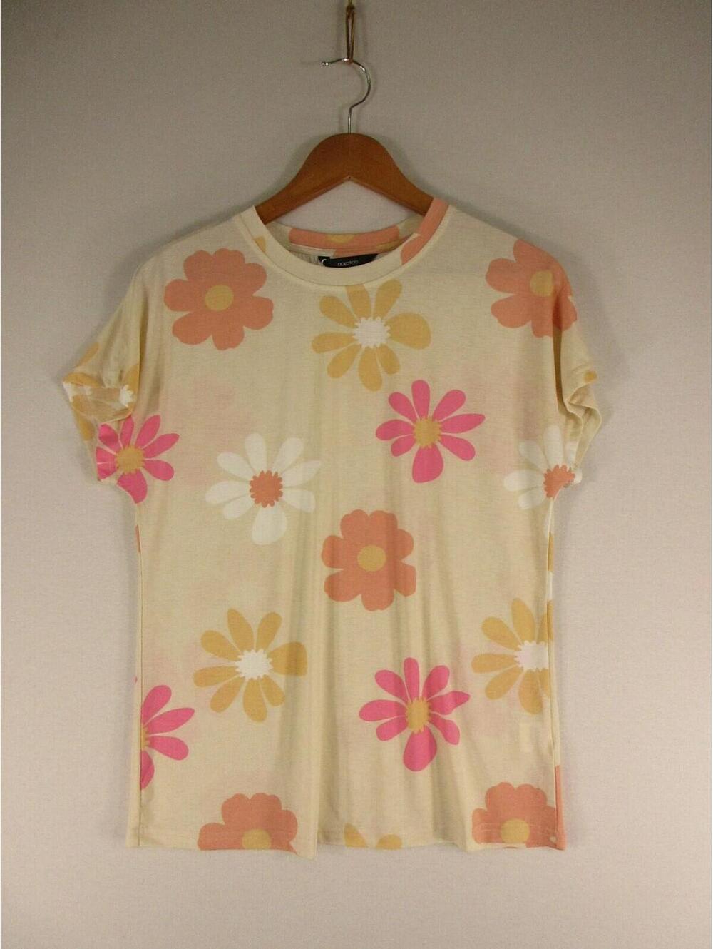 Dokotoo T-Shirt Womens S Short Sleeve Floral Daisy Print Cream Pink Yellow Top